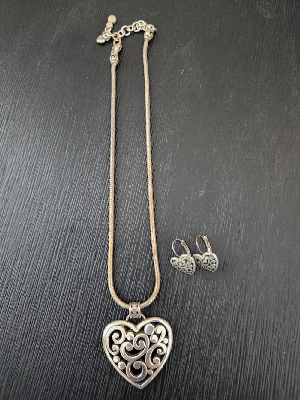 Brighton Silver Heart Filigree Necklace and Earrings Set - Silver